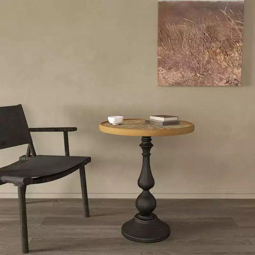 23 Retro Round Wooden End Table - French Country Metal Pedestal, Natural Wood