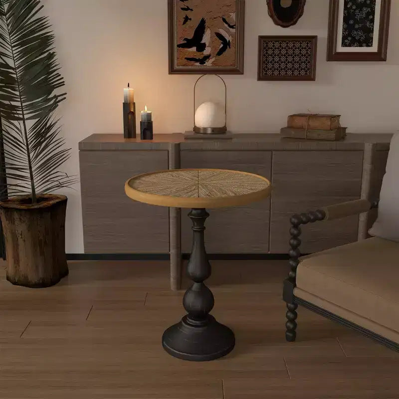 23 Retro Round Wooden End Table - French Country Metal Pedestal, Natural Wood