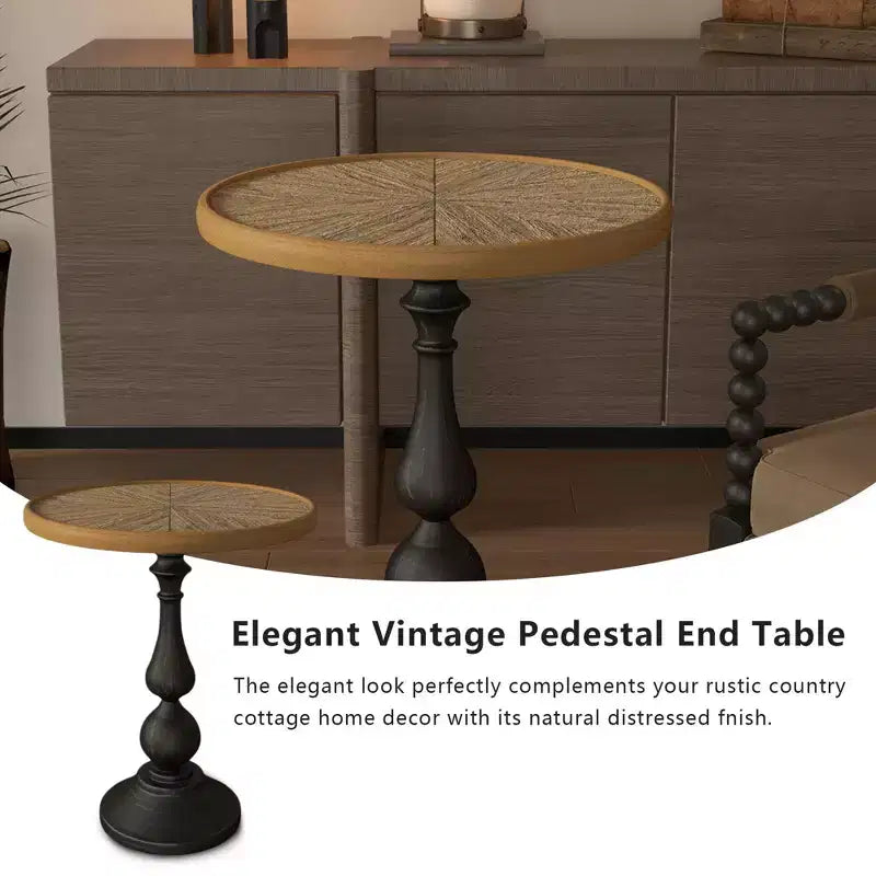 23 Retro Round Wooden End Table - French Country Metal Pedestal, Natural Wood