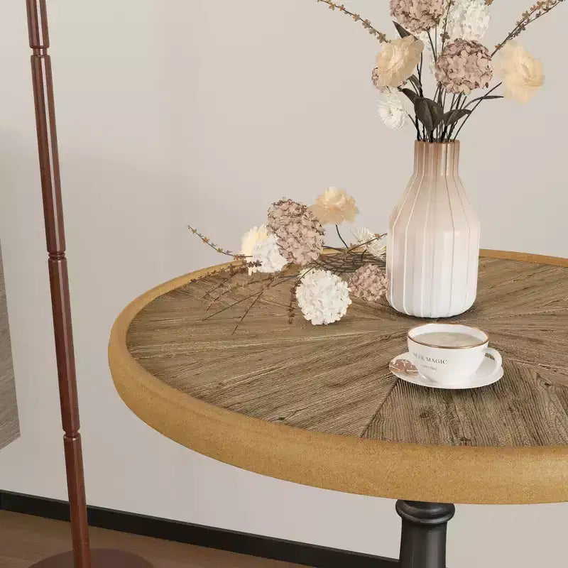 23 Retro Round Wooden End Table - French Country Metal Pedestal, Natural Wood