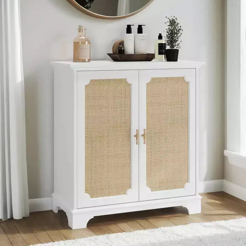 31 Sideboard Buffet Cabinet, Wooden Coffee Bar Cabinet with Rattan Doors, Entryway Console Table, Floor Cupboard Cabinet